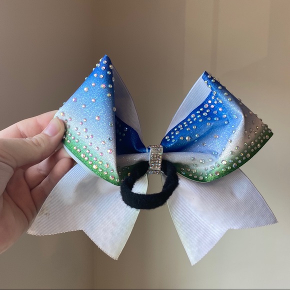 Sparkly Cheer Competition Bow (Green/Blue/White) - Picture 2 of 2